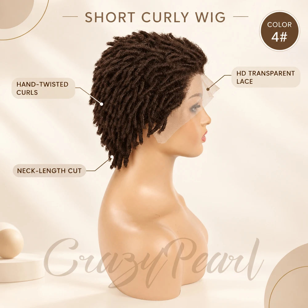 Short Pixie Cut Dreadlocks Wigs Chocolate Brown Afro Twists Dreadlocks Lace Frontal Wig Faux Locs Braided Hair Replacement Wigs