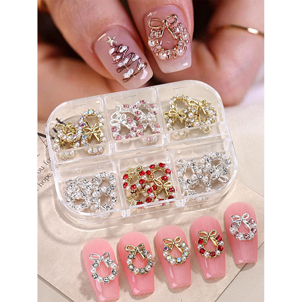 3D Christmas Nail Art Charms; Gold & Silver Bows and Wreaths; Cute Winter Designs for DIY Manicures and Salon Accessories