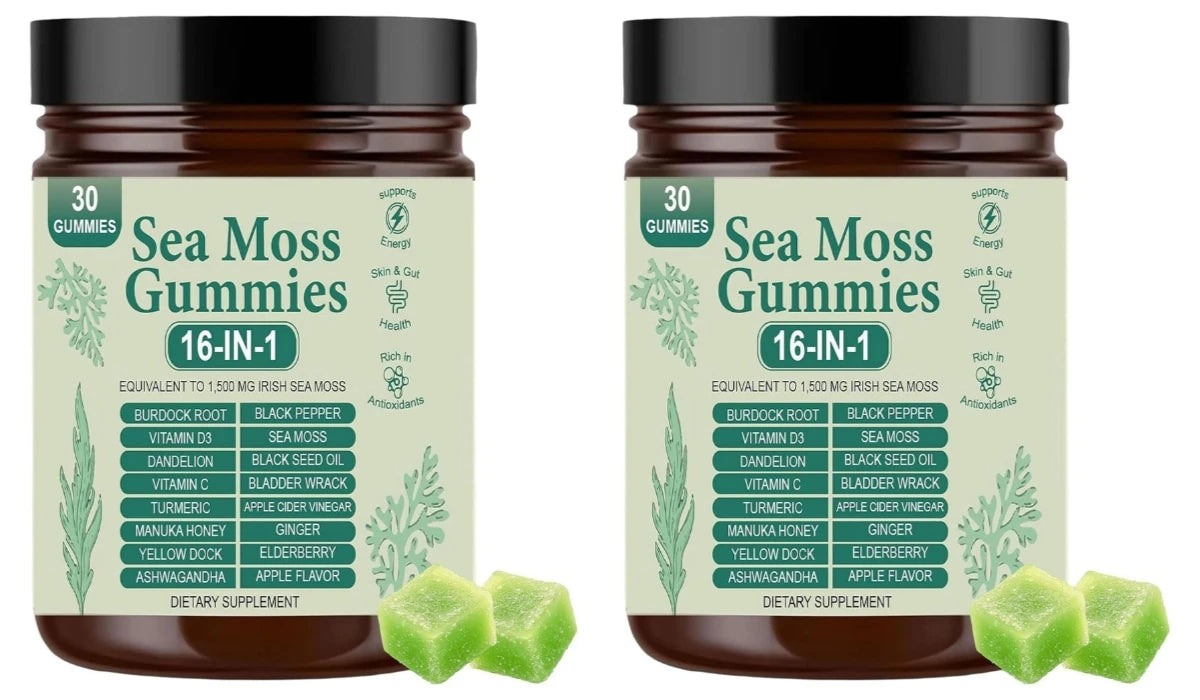 Irish Sea Moss Gummies 1500mg Equivalent 16 in 1 Botanical Blend,Support Digestion&Mood,Antioxidant Protection,Apple Flavor,30Ct