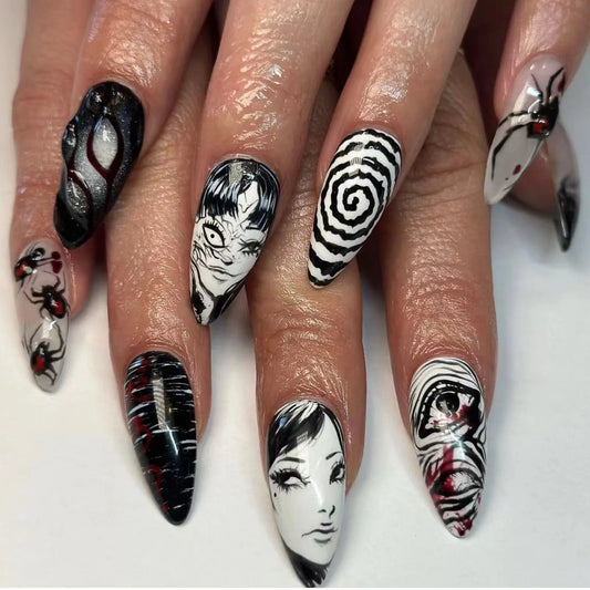 24pcs Black Spider Fake Nails Y2K Punk Style Girls Painted False Nails Full Cover Wearable Japanese Almond Press On Nails Tips