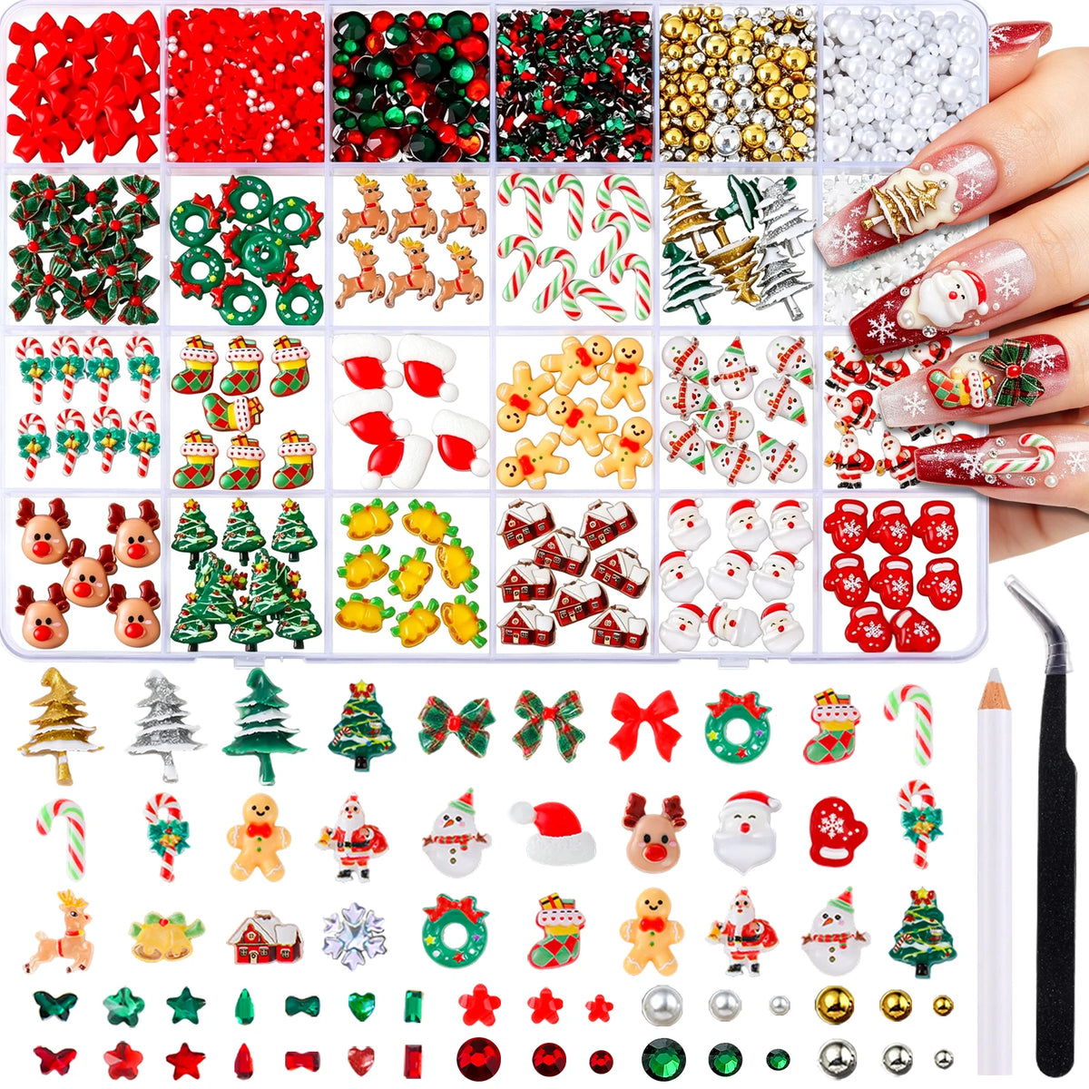 1Box Cartoon Creative Elk Santa Claus Gloves Bow Nail Art Decorations Cute Socks Bell Resin Nail Charms for DIY Christmas Nails
