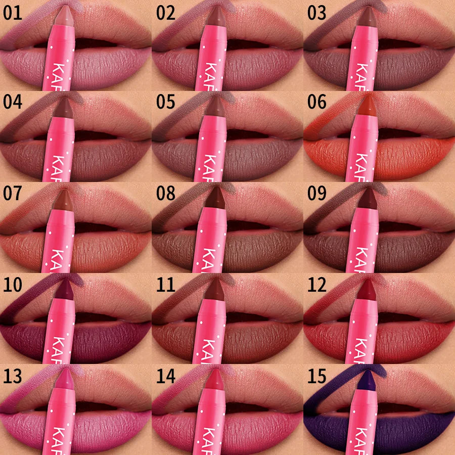 15 Colors Lipstick Pencil Waterproof Sexy Red Matte Contour Tint Lipstic Pen Long-lasting Lipliner Pen Non-stick Cup Lip Makeup