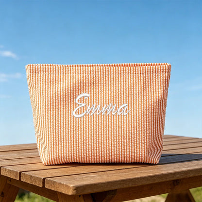 Customised Embroidery/Standard Style 2 Options, Bubble Gauze Striped Makeup Bag, Storage Pouch, Back-to-School Season