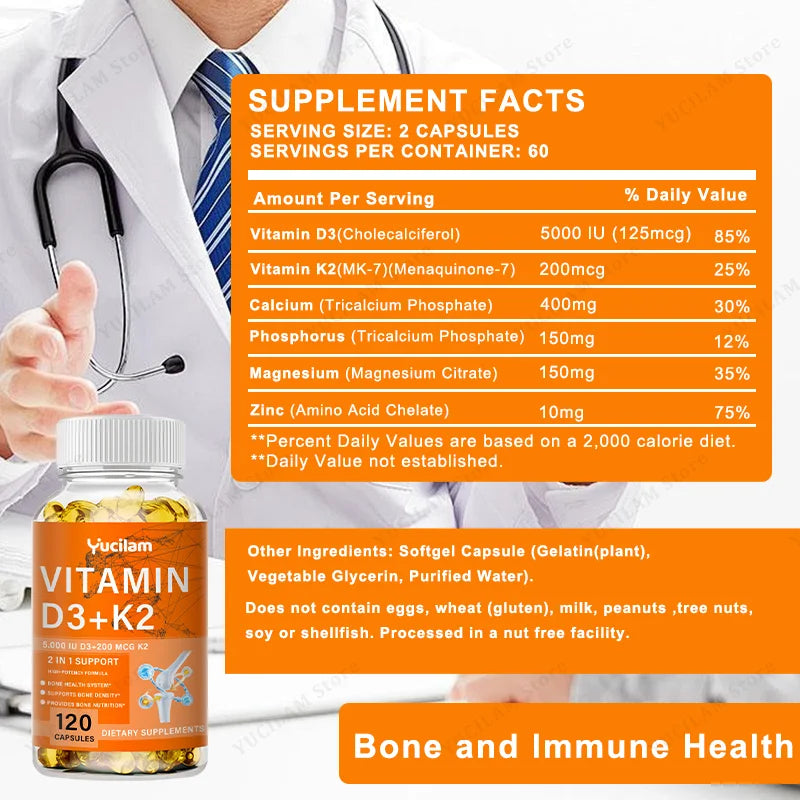Vitamin D3 + K2 with Calcium, Magnesium, and Zinc – Bone Muscle Nervous Immune System Health Support