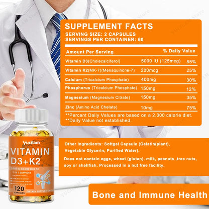 Vitamin D3 + K2 with Calcium, Magnesium, and Zinc – Bone Muscle Nervous Immune System Health Support