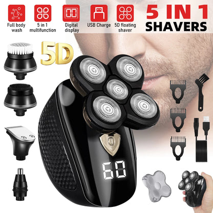 5D Floating Head Shaver for Bald Men, 5 in 1 Multifunctional Electric Shaver IPX7 Washable USB Recharge Beard Nose Trimmer Grooming Set with LED Digital Display