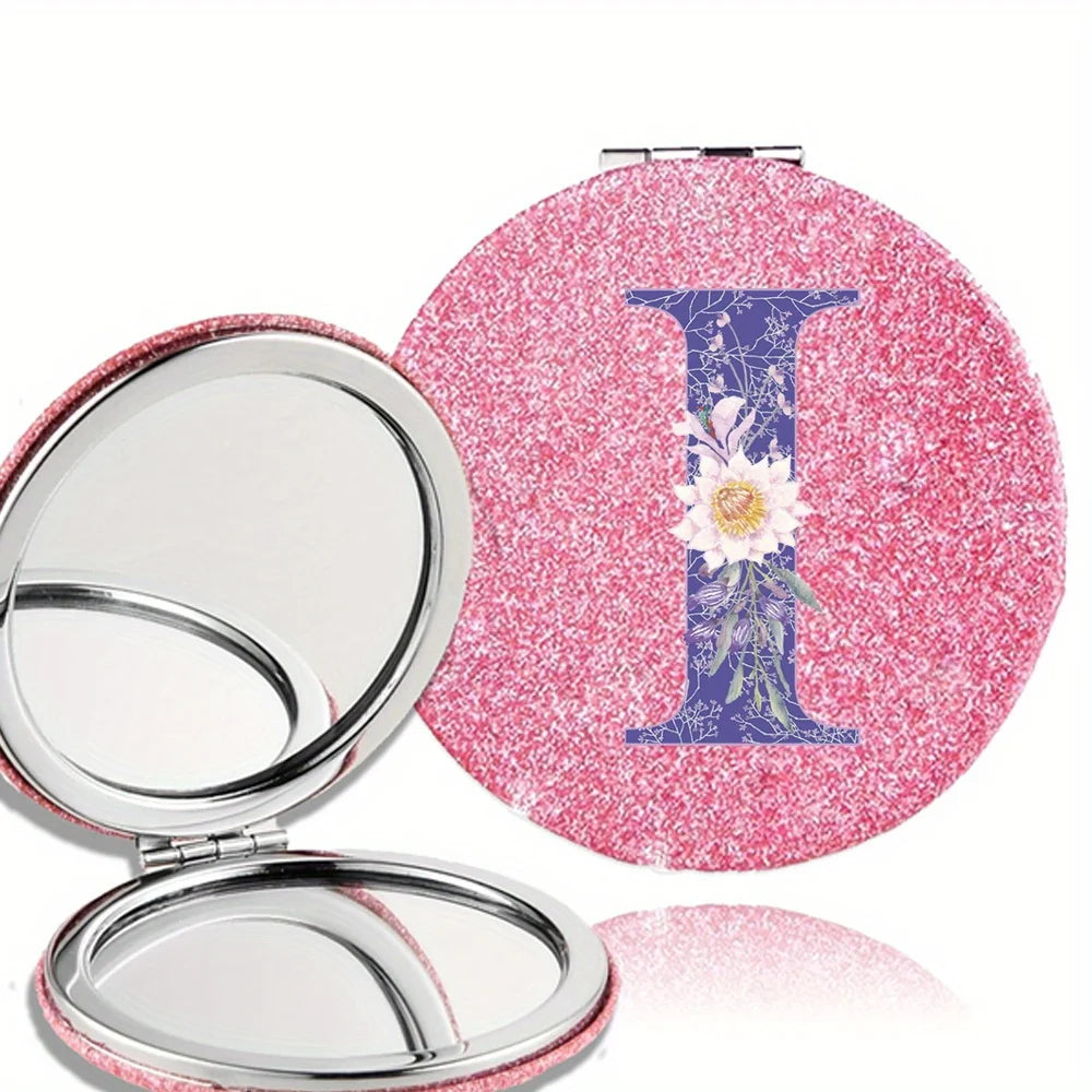 Women Folding Makeup Mirror Facial Beauty Makeup Care Tool Durable PU Surface Waterproof Ideal Party Gift Pink Flower Pattern