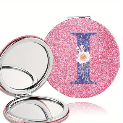 Women Folding Makeup Mirror Facial Beauty Makeup Care Tool Durable PU Surface Waterproof Ideal Party Gift Pink Flower Pattern