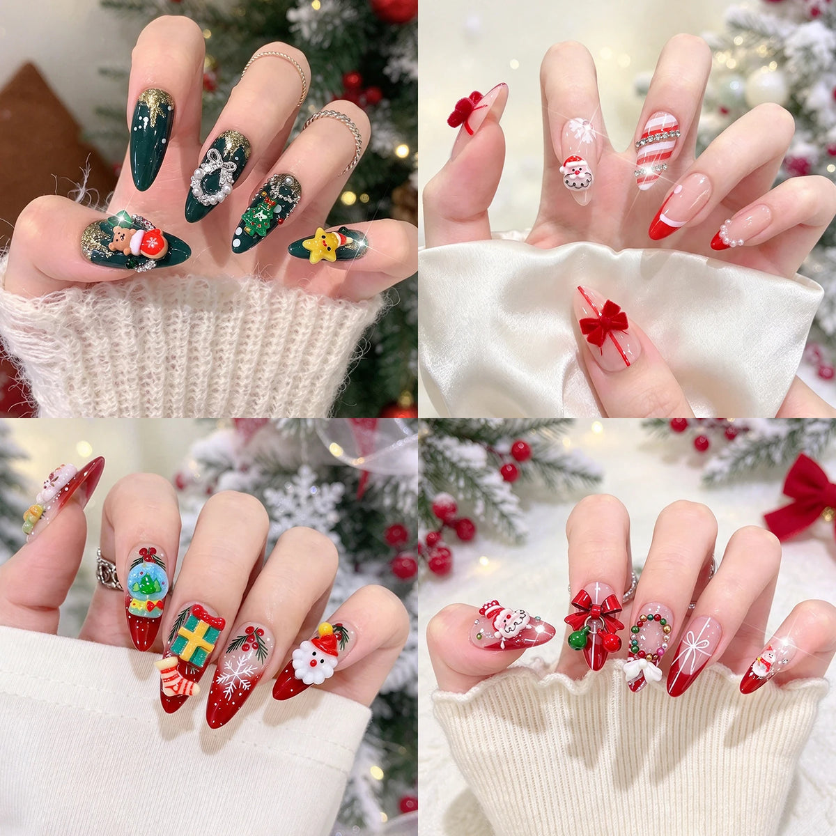 96PC 3D Red Green Medium Almond Christmas Press On Nails Cute Elk/Bell/Snowman/Santa Claus/Xmas Tree Fake Nails Full Cover Nails