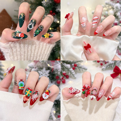 96PC 3D Red Green Medium Almond Christmas Press On Nails Cute Elk/Bell/Snowman/Santa Claus/Xmas Tree Fake Nails Full Cover Nails