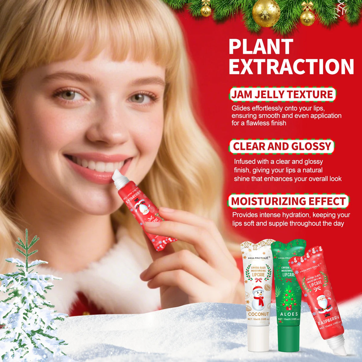 3-piece Christmas card lipstick set -3 flavors (coconut, raspberry, aloe) lasting moisturizing and luster, portable belt