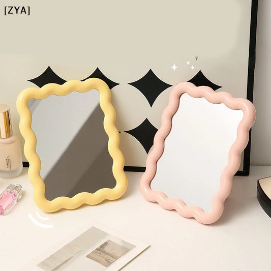 Corrugated Desktop Makeup Mirror Solid Color Simple Portable Handheld Makeup Mirror Foldable Student Compact Cute Mirror[ZYA]