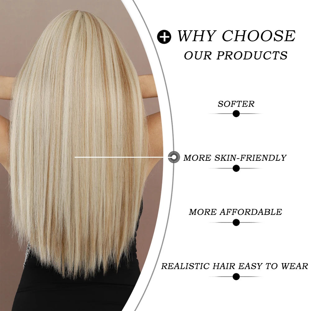 Long Straight Light Blonde Wig for Women Daily Party Highlight Brown Synthetic Layered Hair Wigs with Bangs Halloween Cosplay