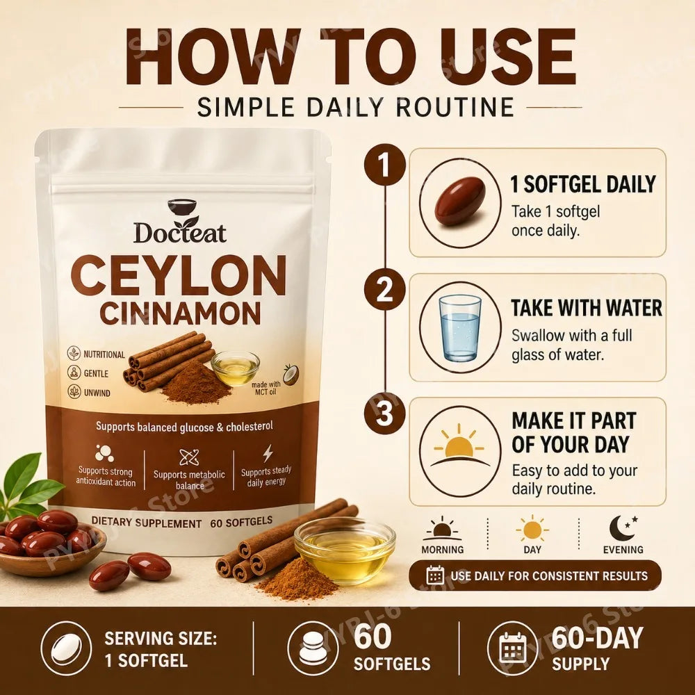 Docteat Energy Support Softgels Ceylon Cinnamon Antioxidant Action and Metabolic Balance 60 CT for Adults Daily Vitality