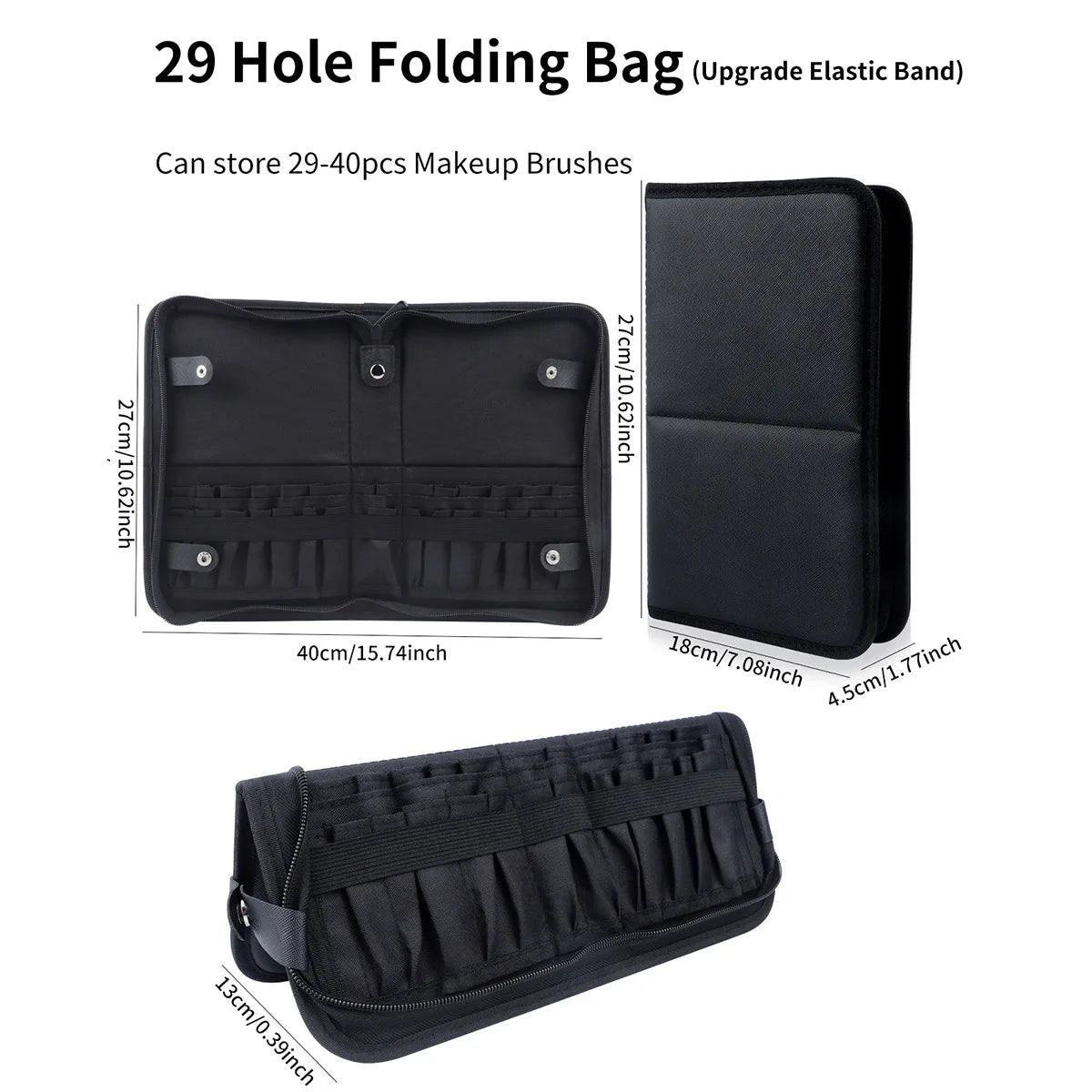 Large Black Foldable Makeup Bag 14-40 Hole Storage Organizer for Beauty Brushes Cosmetic Pouch with Handles