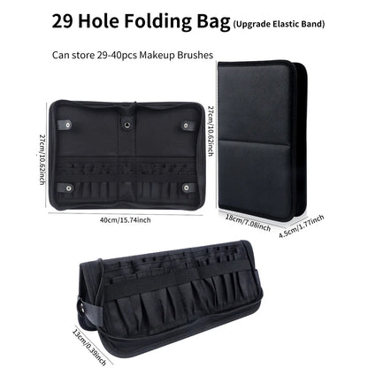 Large Black Foldable Makeup Bag 14-40 Hole Storage Organizer for Beauty Brushes Cosmetic Pouch with Handles