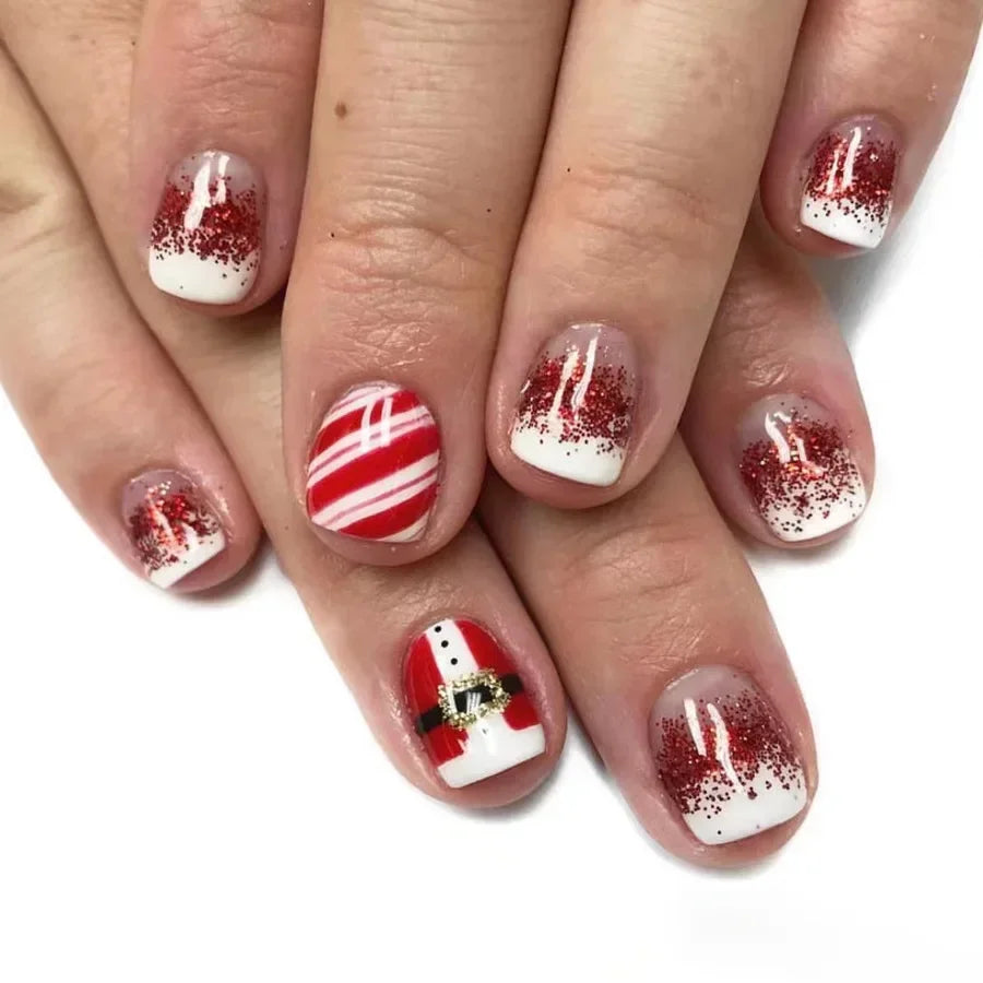 24Pcs Short Oval Press-On Nails - Cute Gingerbread & Candy Cane Christmas Designs, Perfect for Holiday Parties for Women&Girls