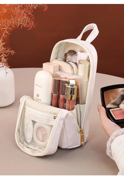 Stand-Up Flap Cosmetic Pouch Portable for Business Trips Makeup Bag Medicine Storage Pouch PU Makeup Brush Storage Cosmetic Bags