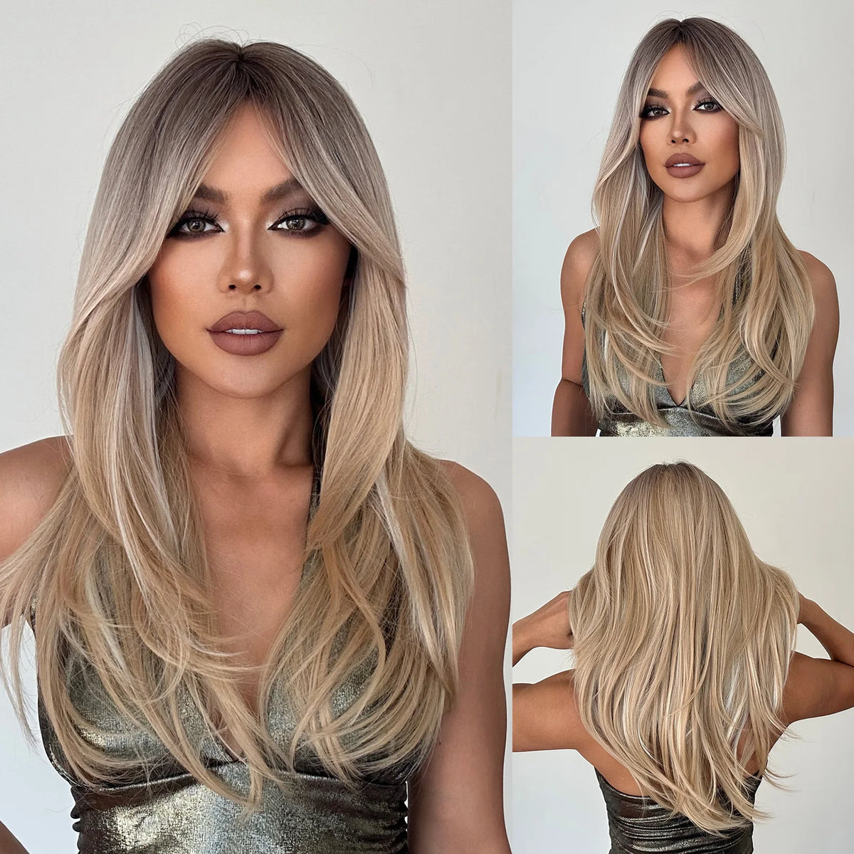 Synthetic Long Blonde Layered Wigs for Women Wig with Bangs Natural Looking Straight High Temperature Hair for Daily Christmas