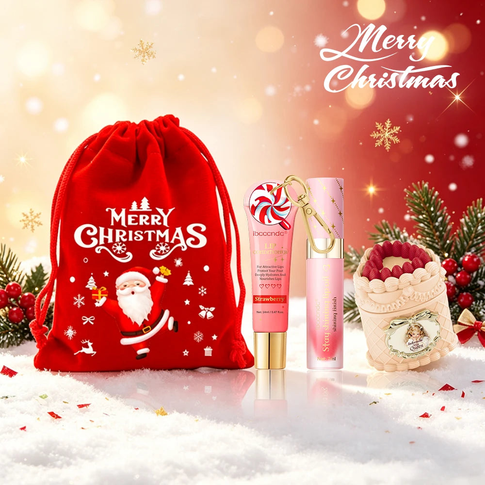 Christmas Limited 2‑in‑1 Lip Gift Set Strawberry Cake Mousse Matte Lip Mud Santa Red Velvet Pouch Lip Balm Lip Oil 7 Shades
