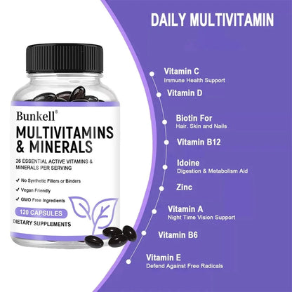 Multivitamin and Minerals - Daily Supplement, Antioxidants, Skin Repair, Liver Health Maintenance, Energy Boost, 120 Capsules