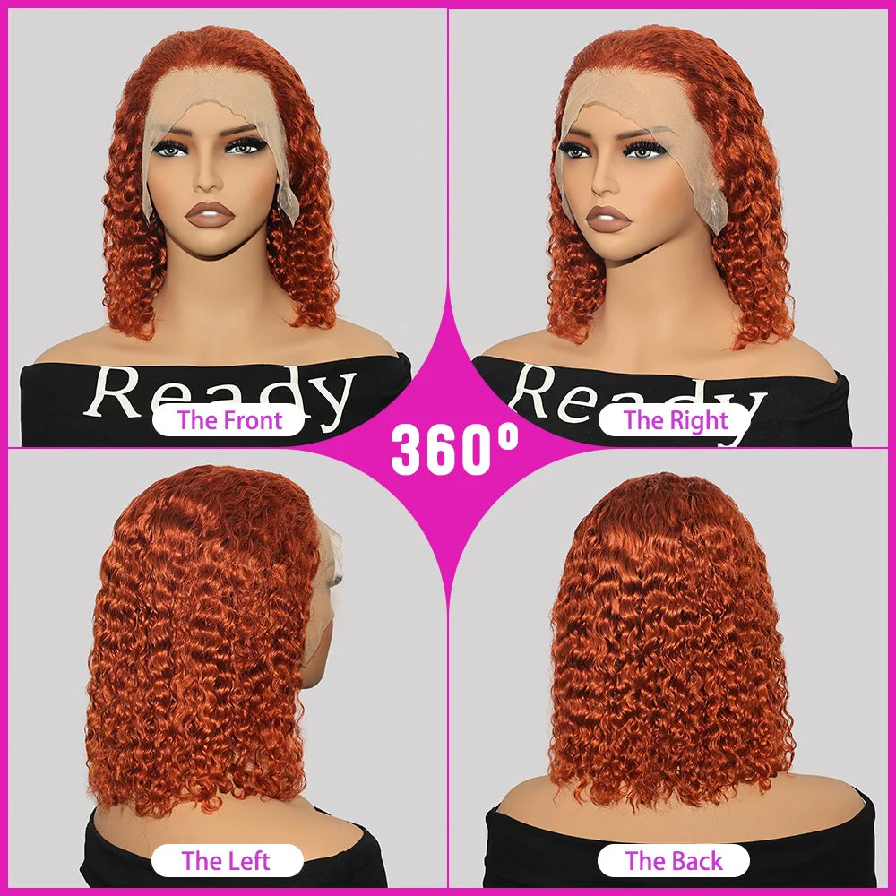 100% Human Hair Ginger Brown Bob Wig 220 Density Transparent Deep Wave 13x4 Lace Frontal Wigs Highlight Curly Short Bob Wig
