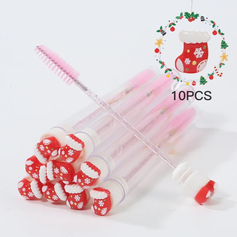 10Pcs Christmas Eyelash Brushes Set Santa Mascara Wand with Case Spoolie Eyebrow Comb Festive Makeup Tool Xmas Gift for Women