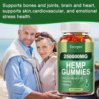 Contains Omega 3-6-9 Vitamin B, E Gummies - Stress Relief, Sleep, Mood, Skin, Nails, Focus, Joint Support, Non-GMO Supplement