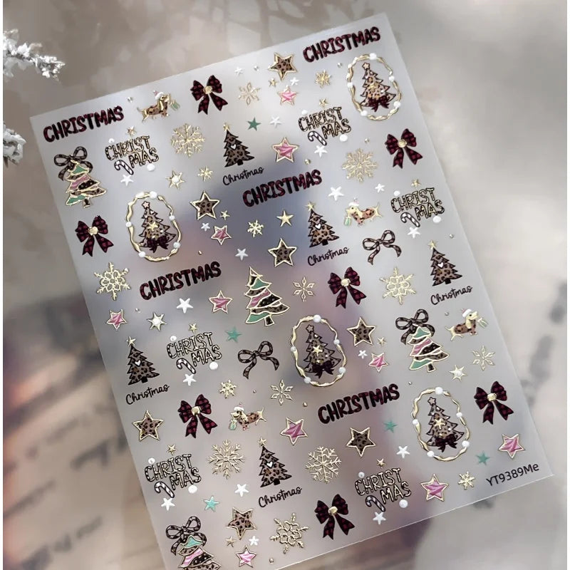 Leopard Print Christmas Tree Nail Art Stickers Golden Lines Butterfly Knots Stars Snowflakes Letters Nail Decoration Sticker DIY