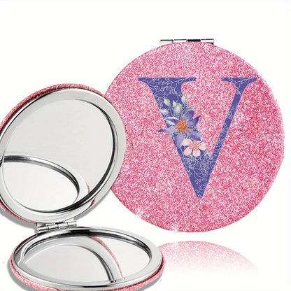 Women Folding Makeup Mirror Facial Beauty Makeup Care Tool Durable PU Surface Waterproof Ideal Party Gift Pink Flower Pattern