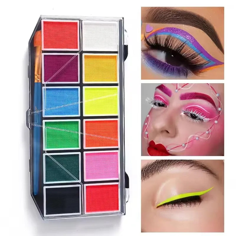 Professional Body Art 12 Colors Pastel Neon UV Color Rainbow Split Cake Face Paint Palette for Halloween Christmas