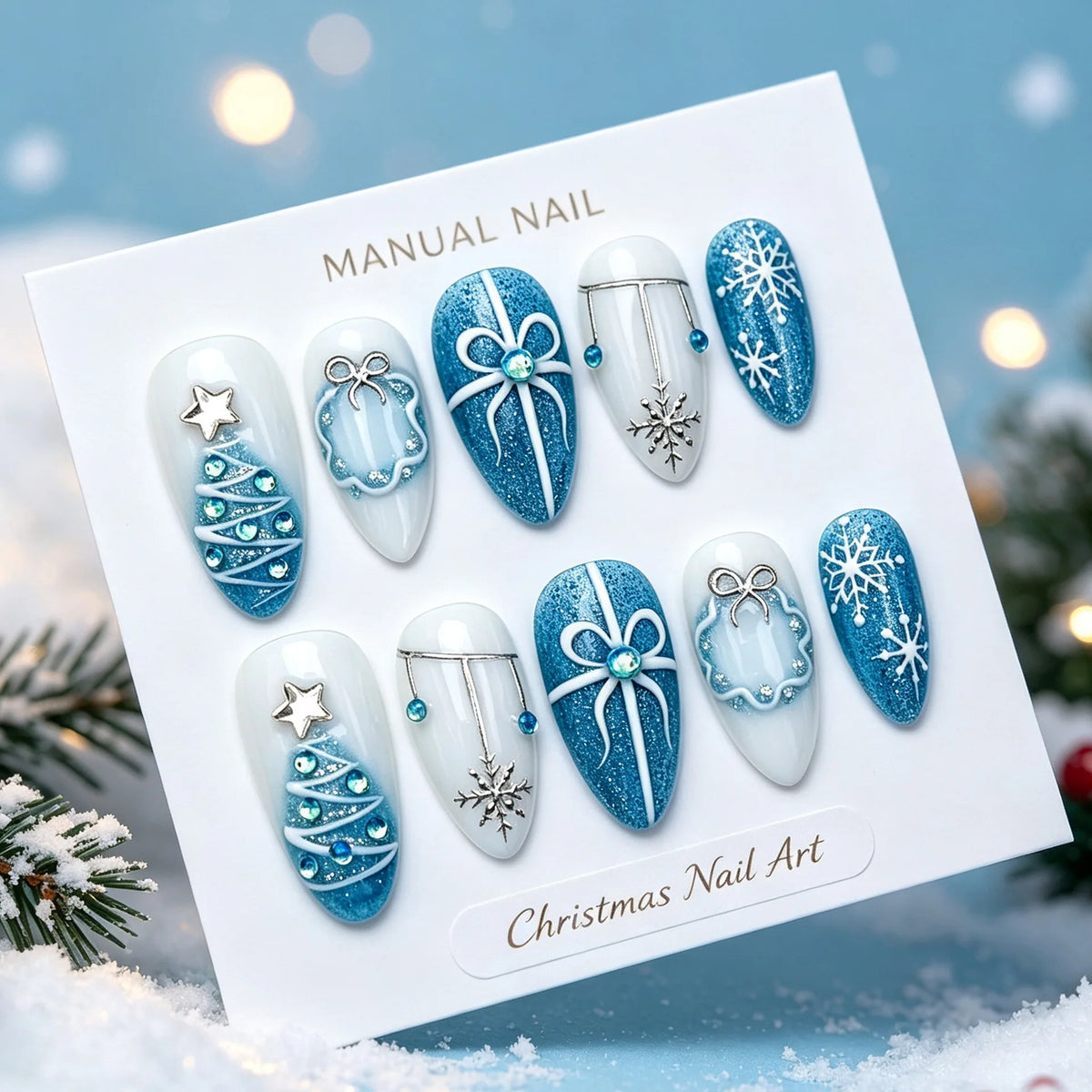 24Pcs Christmas Pink Flower Press on Nails Snowman Christmas Tree Detachable Full Cover Nail Gilded Bow Elk Gift Stick on Nails