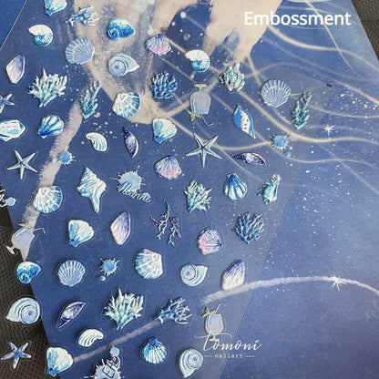 5D Summer Sea Shell Nail Sticker Shiny Embossed Starfish Nails Stickers Summer Beach Wine glass Jellyfish Nail Decals Decoration