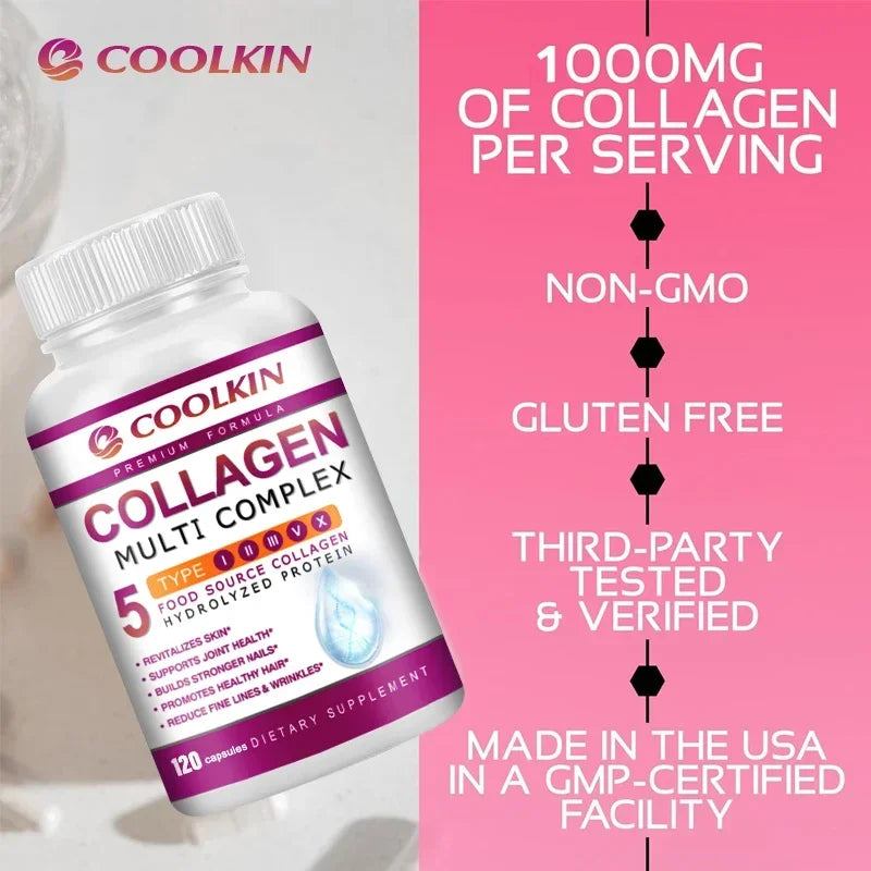 Collagen Multi Complex - Types I, II, III, V, X, Non-GMO, Enhanced Absorption, for Healthy Hair, Bones, Cartilage, Skin & Nails
