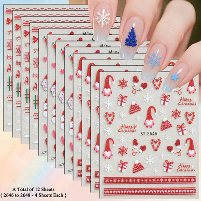 3 to 12 Sheets 3D Christmas Santa Snowman Reindeer Tree Snowflake Lights Gnome Self-Adhesive Nail Art Stickers