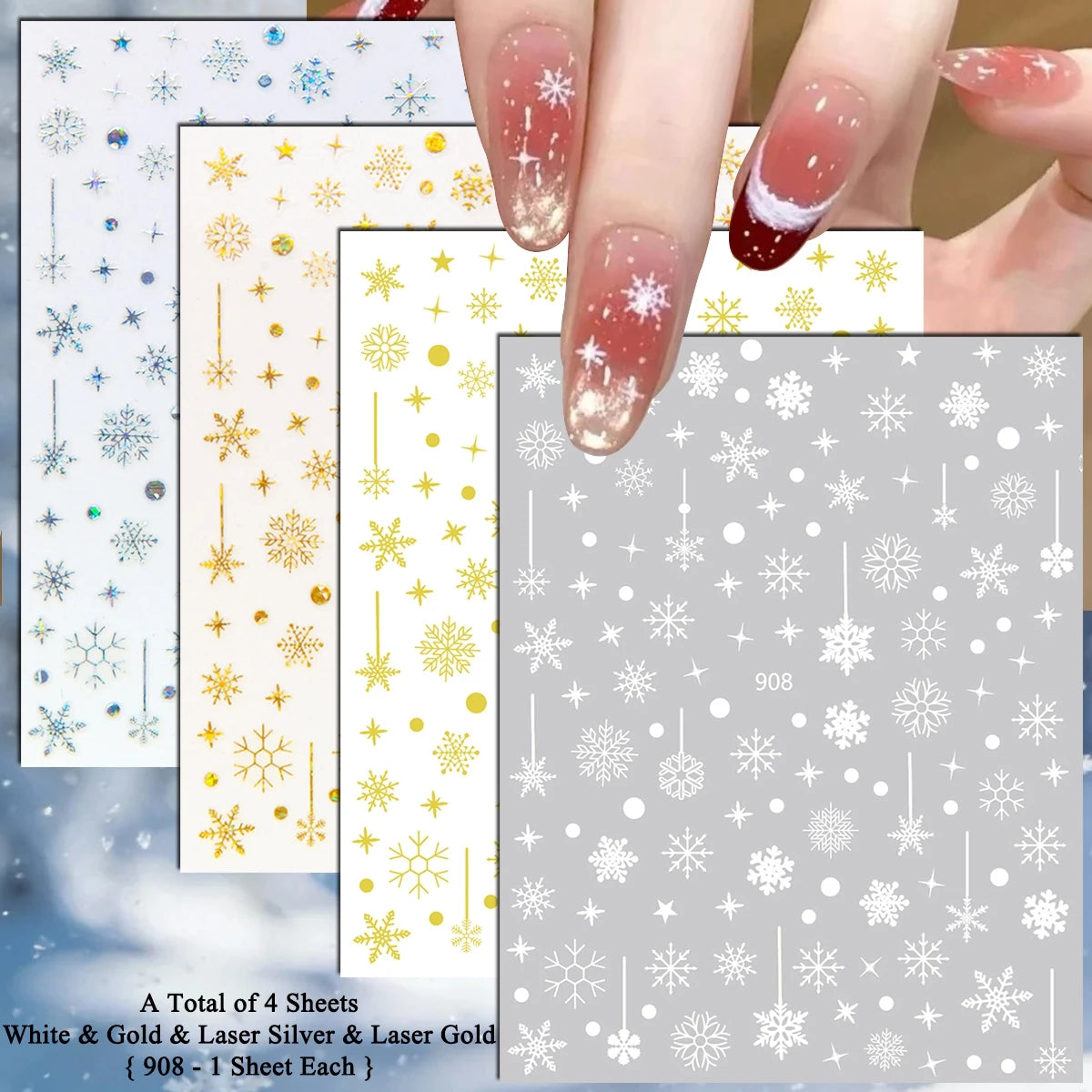 4 to 24 Sheets Xmas Snowflake Gold Silver Blue Holographic Self-Adhesive Winter Christmas Decor DIY Manicure Nail Art Stickers
