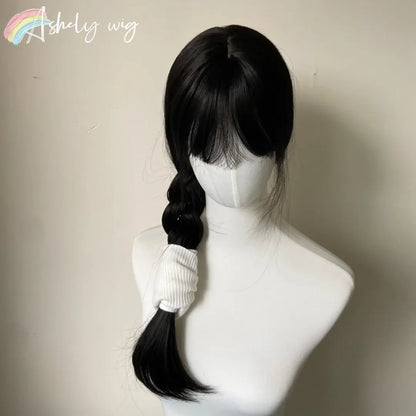 Black Wig with Bangs Long Straight Synthetic Wigs for Women 24inch Lolita Cute Natural High Temperature Fibers for Daily Use 가발