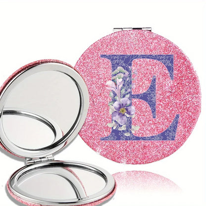 Women Folding Makeup Mirror Facial Beauty Makeup Care Tool Durable PU Surface Waterproof Ideal Party Gift Pink Flower Pattern