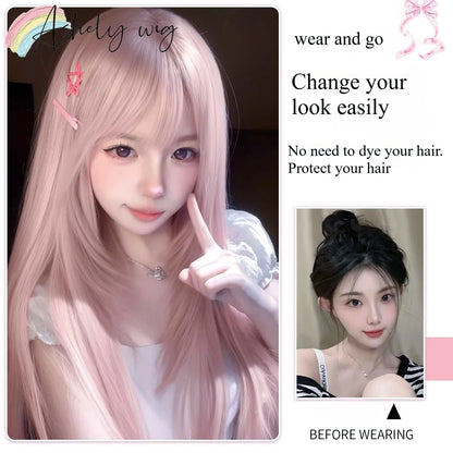 Ashely Pink Wig for Women Hair Wig with Bangs High Temperature Fibers Lolita Cute Layered Wig Synthetic Wigs Headband 가발 Парик