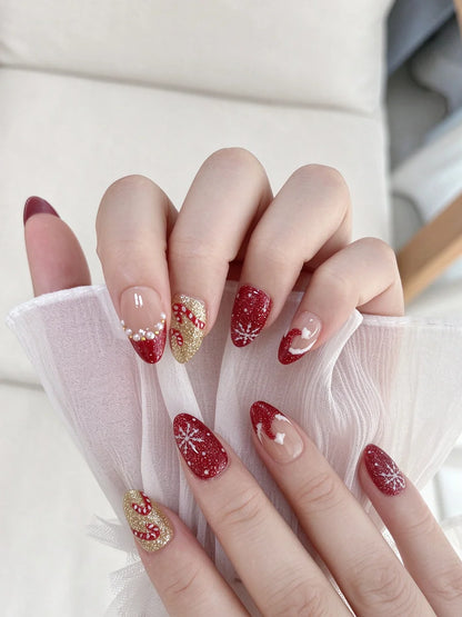 Hand Painted Christmas Fake Nails Short Almond Red Glitter Snowflake Candy Cane Pearl French Press On Nails Reusable  10 Pieces