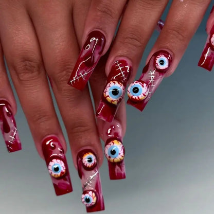 24pcs Glitter Pink Sequins Fake Nails 2025 Halloween Scary Skull Love Print False Nails Wearable European Ballet Press on Nails