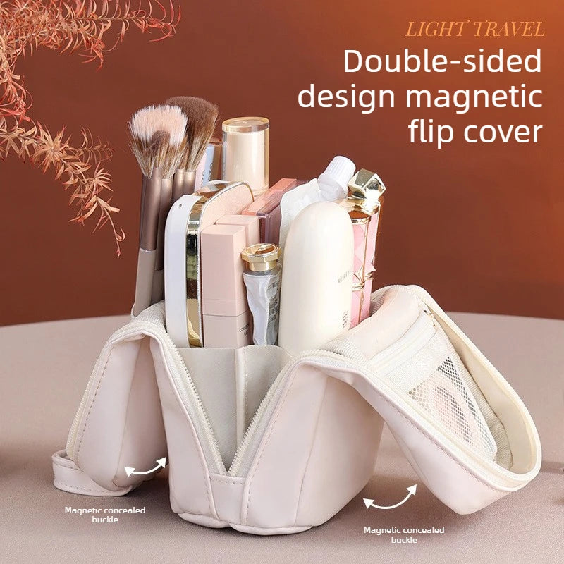 Stand-Up Flap Cosmetic Pouch Portable for Business Trips Makeup Bag Medicine Storage Pouch PU Makeup Brush Storage Cosmetic Bags