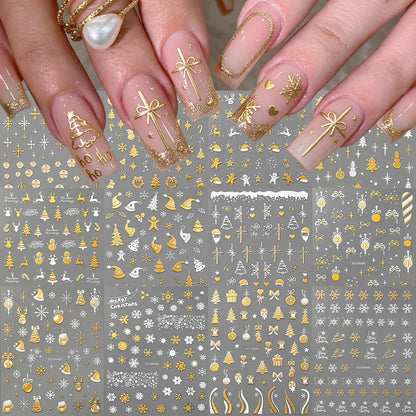 12Pcs Gold White Christmas Nail Stickers Cute Santa Snowflake Tree Ribbon Gingerbread Nails Decals for Xmas Winter Holiday Decor