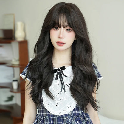 NAMM Costume Wig Synthetic Body Wavy Dark Brown Wig For Women Daily Use High Density Layered Hair Wigs With Fluffy Bangs