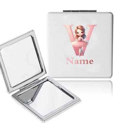 Customized Name PU Handheld Makeup Mirror Cover Dressing Double-Sided Portable Foldable Pocket Cosmetic Mirror