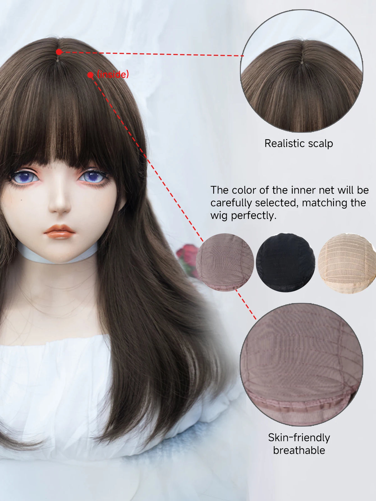 20Inch Chestnut Brown Lovely Synthetic Wigs with Bangs Medium Natural Wavy Hair Wig for Women Daily Use Cosplay Heat Resistant