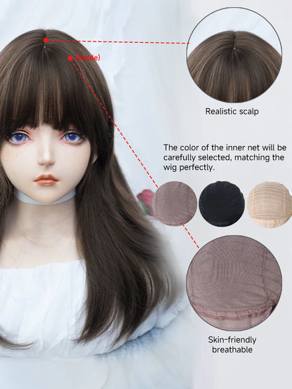 20Inch Chestnut Brown Lovely Synthetic Wigs with Bangs Medium Natural Wavy Hair Wig for Women Daily Use Cosplay Heat Resistant