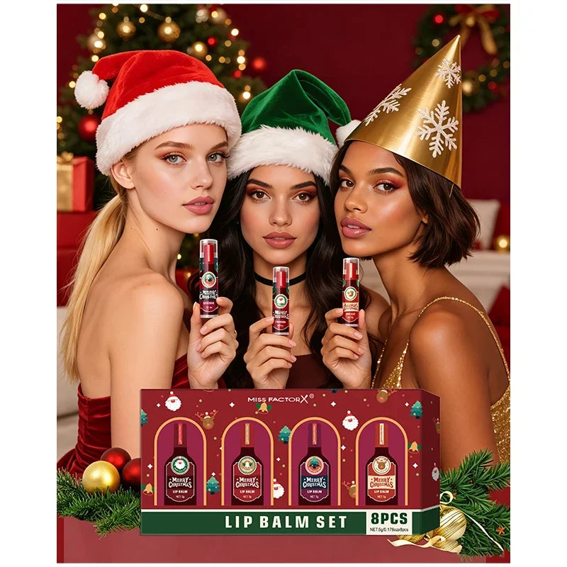 Christmas Lip Balm Set,Festival Gift Box 8-Piece Lipstick Kit, Lip Winter Anti Cracking Moisturizing Brightening Care,Non Sticky