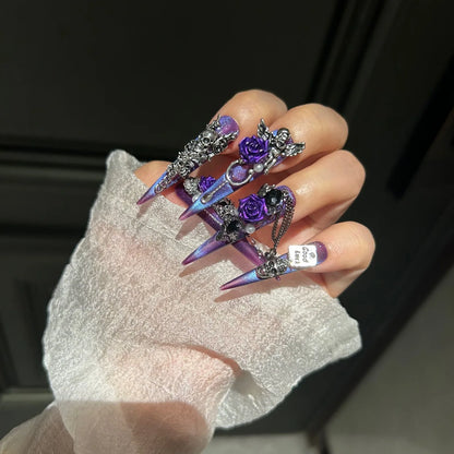 Gothic Dark Press On Nails Iridescent Purple Laser Resin Black Diamonds Multiple Sizes Left Right Hands Easy to Apply Reusable