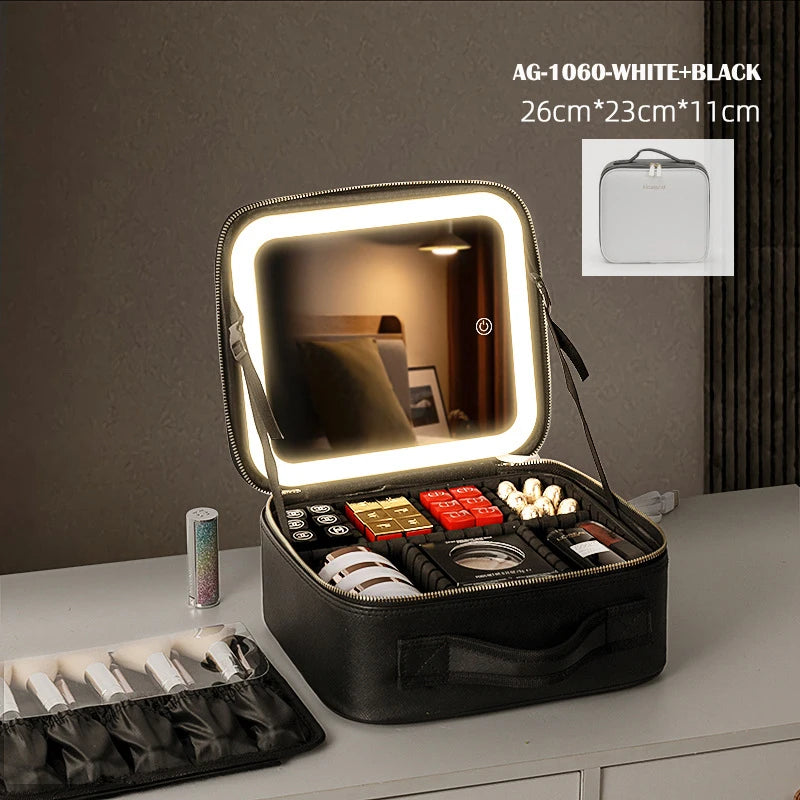 Cosmetic Portable Travel Storage Box With 2000mAh Led Rechargeable Vanity Bags Makeup Case With Led Light Mirror